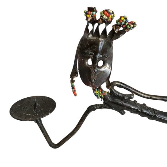 African Tribal Hand Made Bronzed Steel Reclined Woman Beaded Accents - Picture 2 of 10